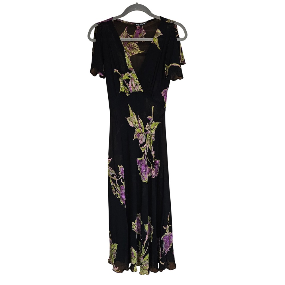 Betsey Johnson New York Y2k Floral Whimsigoth Midi Dress Short Flutter Sleeve L